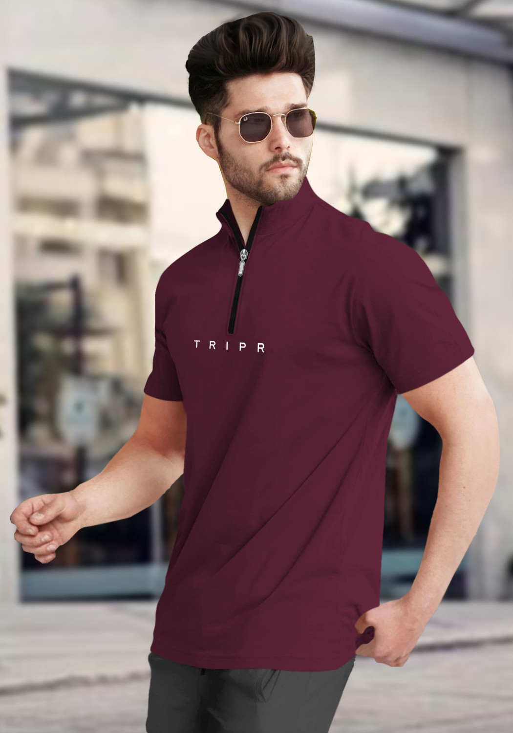 Image of TRIPR Solid Men Mandarin Collar Maroon T-Shirt