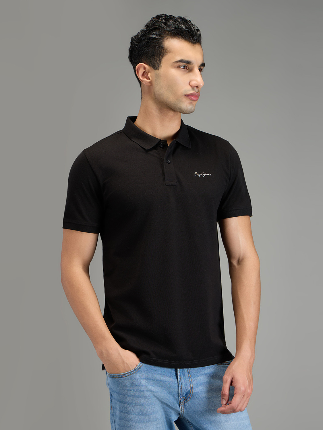 Image of Pepe Jeans Self Design Men Polo Neck Black T-Shirt