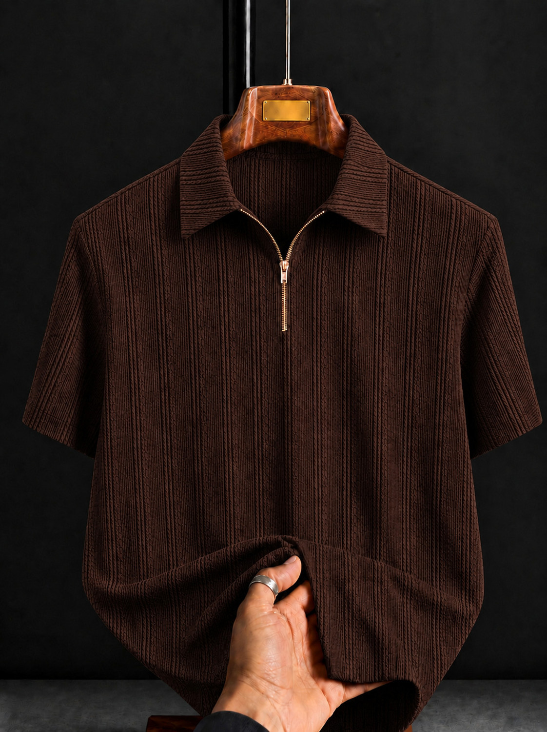 Image of mozero Self Design Men Polo Neck Brown T-Shirt