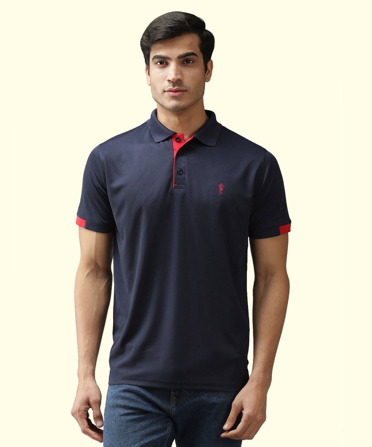 EPPE Navy Blue-Red Polo Neck Half Sleeve Polyester Dry Fit T-shir