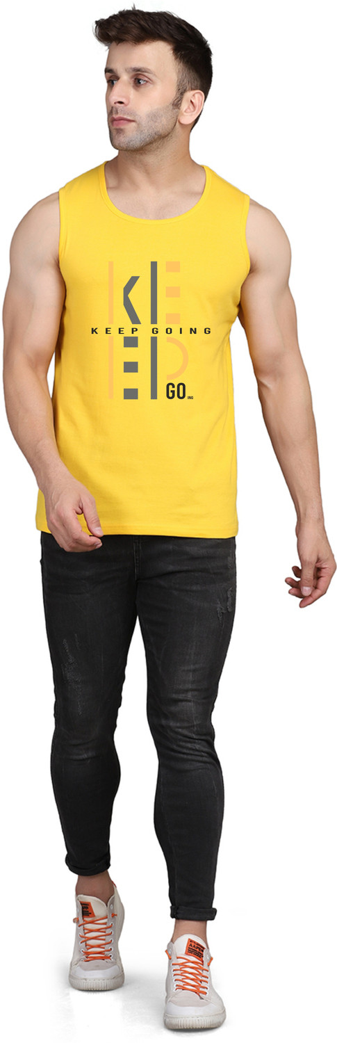 Image of SLOWLORIS Typography Men Round Neck Yellow T-Shirt