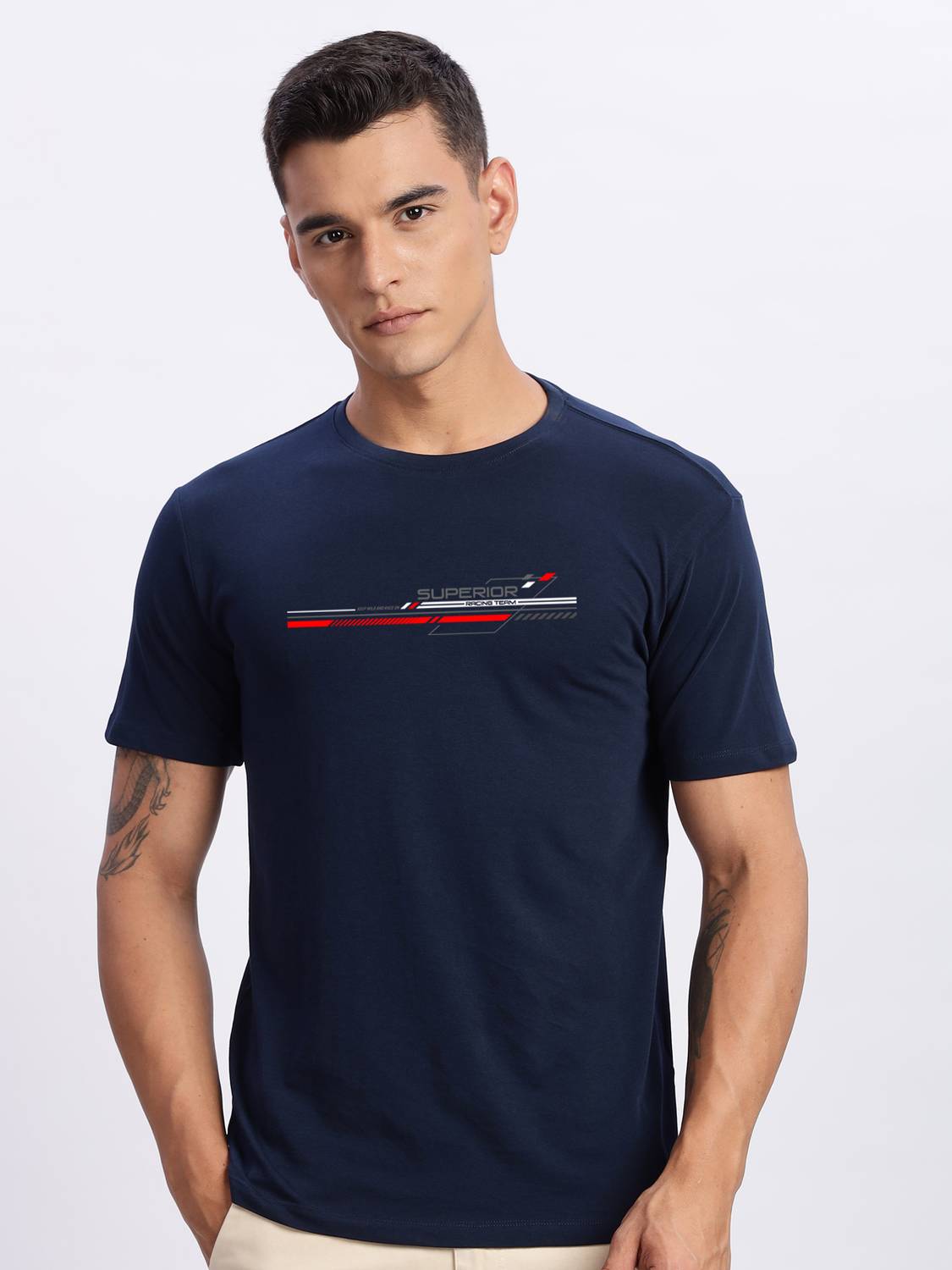 ADRO Printed Men Round Neck Navy Blue T-Shirt