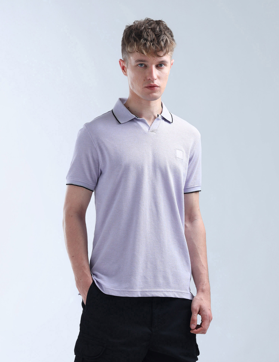 Image of FLYING MACHINE Self Design Men Polo Neck Purple T-Shirt