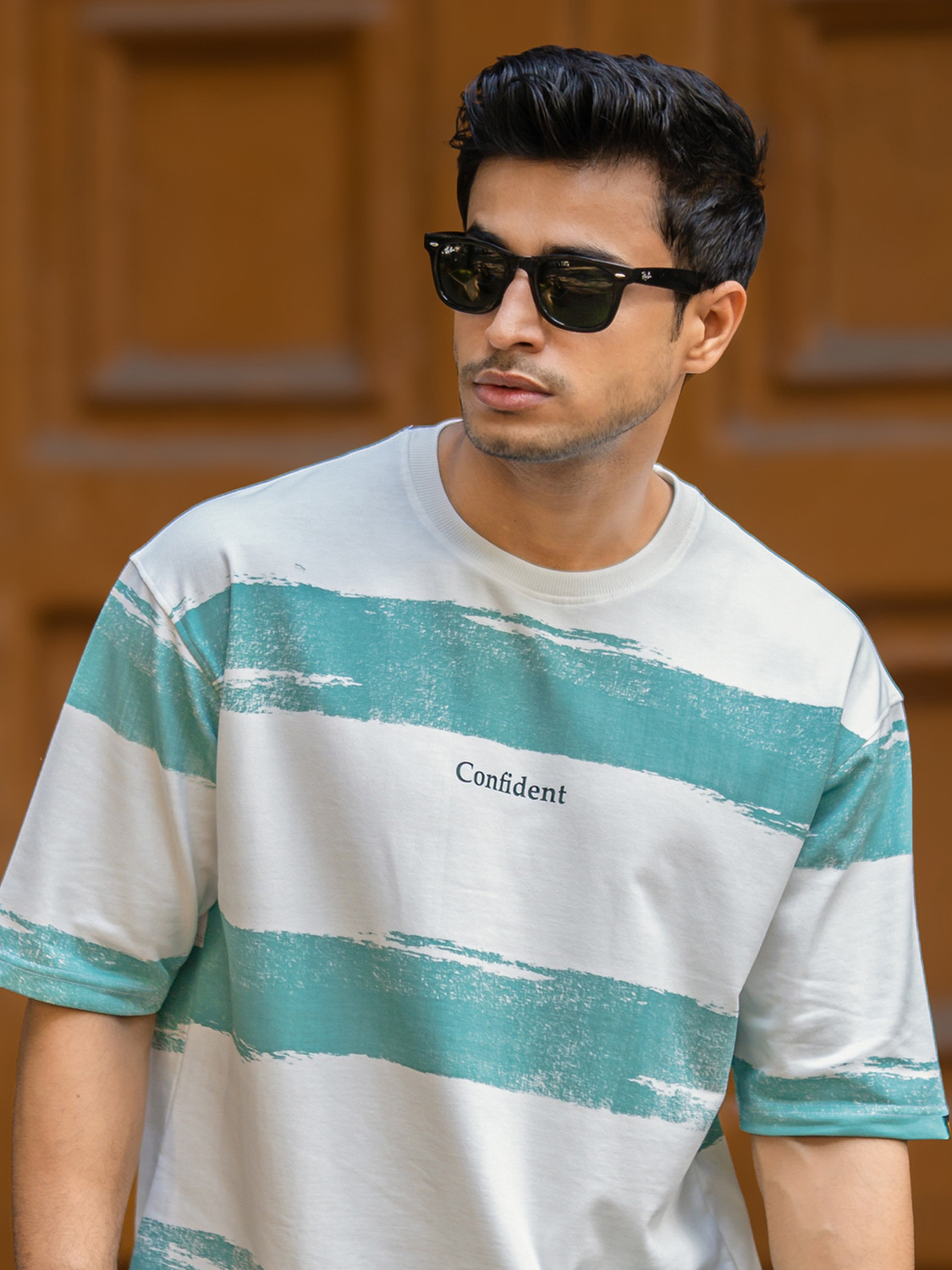 Image of MANIAC Striped Men Round Neck Green, White T-Shirt