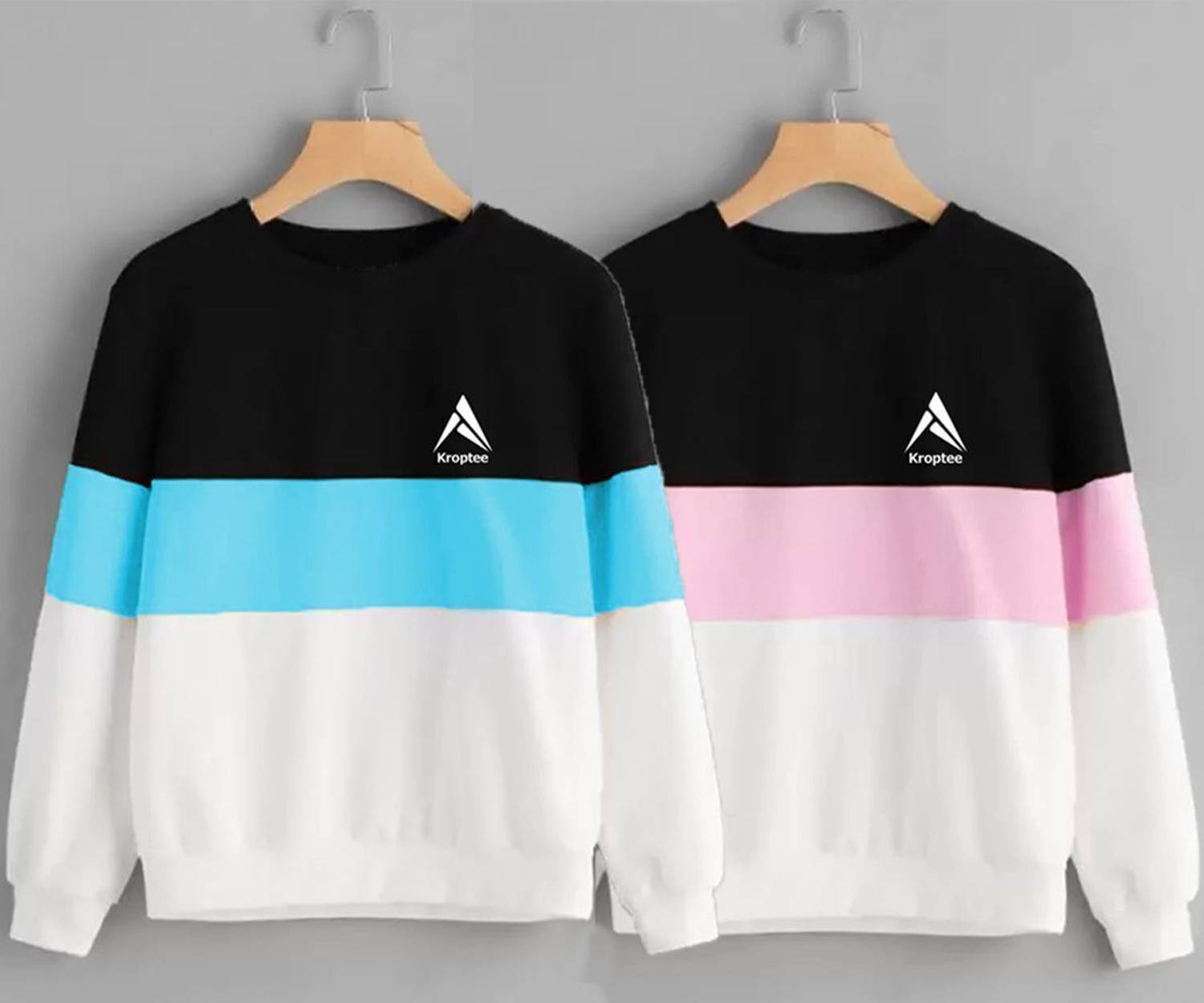 Kroptee Pack of 2 Men Colorblock Round Neck Cotton Blend Light Bl
