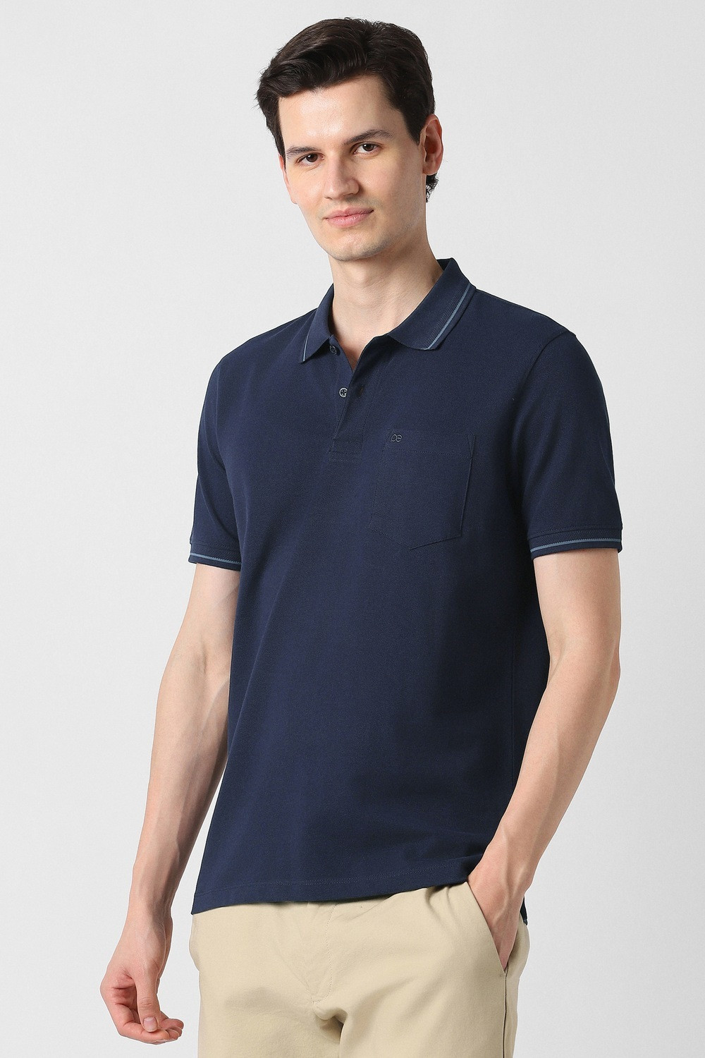 Image of PETER ENGLAND Solid Men Polo Neck Navy Blue T-Shirt