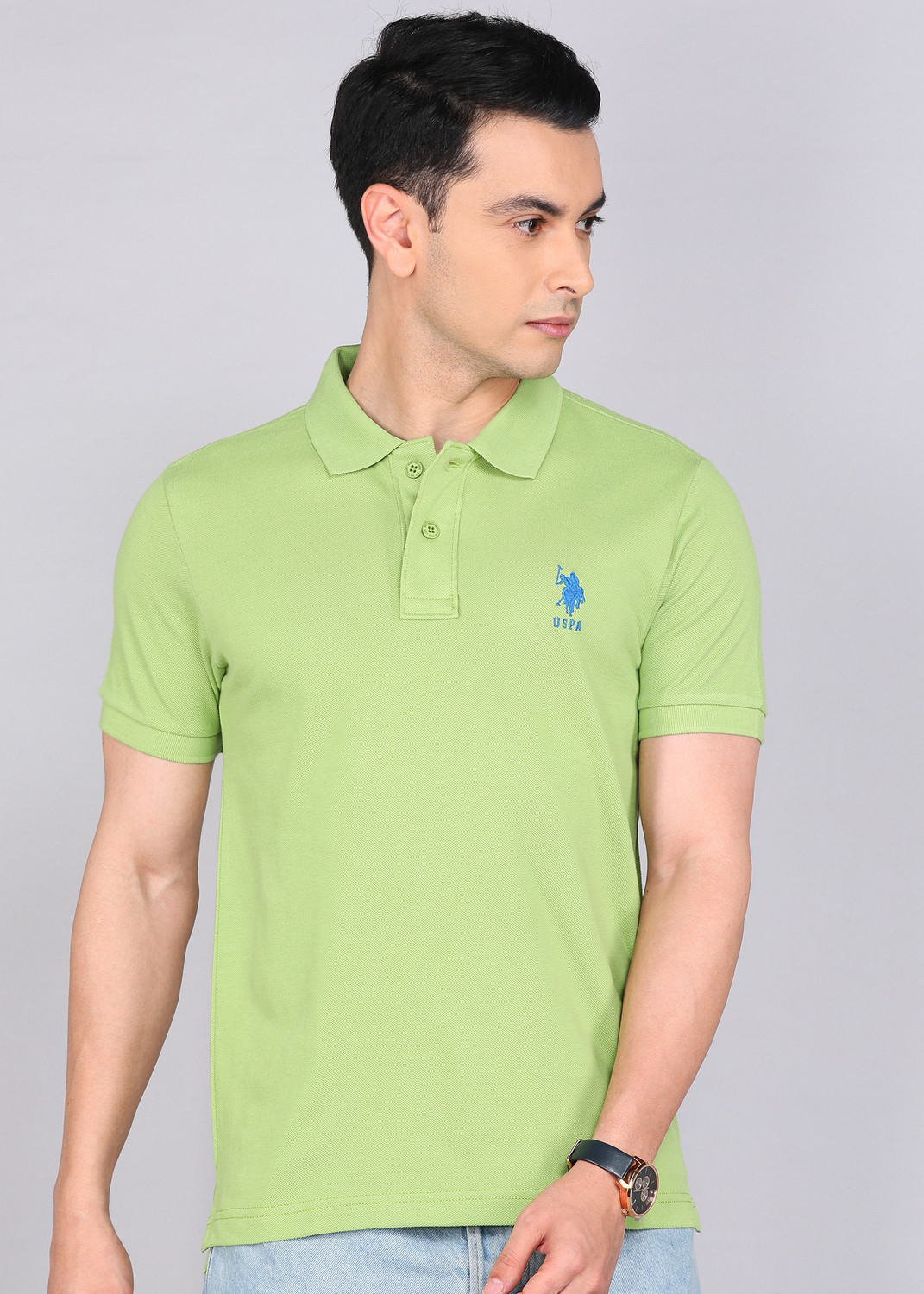 Image of U.S. POLO ASSN. Solid Men Polo Neck Light Green T-Shirt
