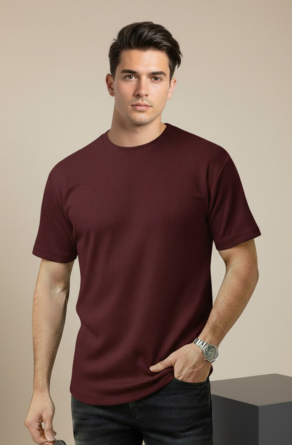 Image of fashion globe Solid Men Round Neck Multicolor T-Shirt