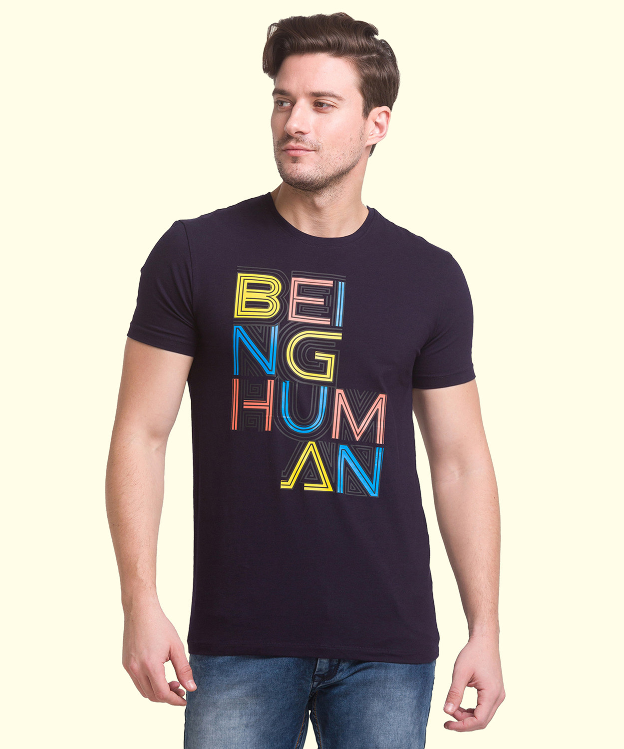 Image of BEING HUMAN Typography Men Round Neck Dark Blue T-Shirt