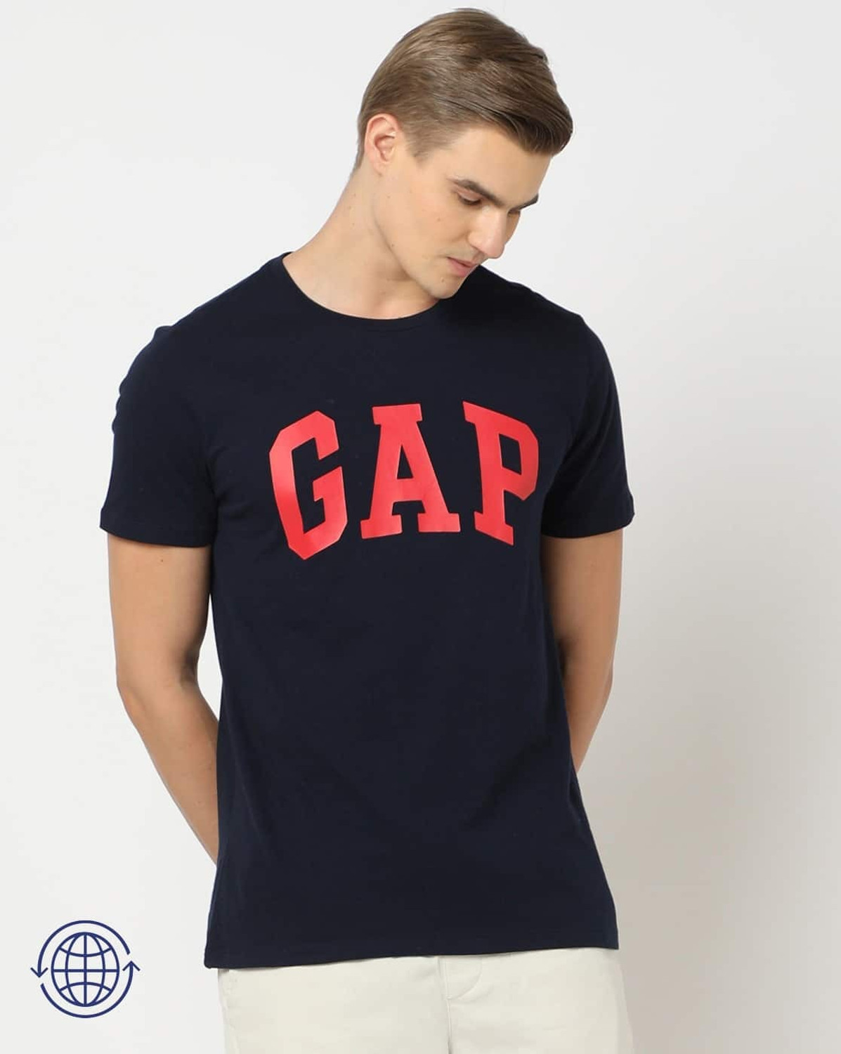 Image of GAP Printed Men Crew Neck Dark Blue T-Shirt