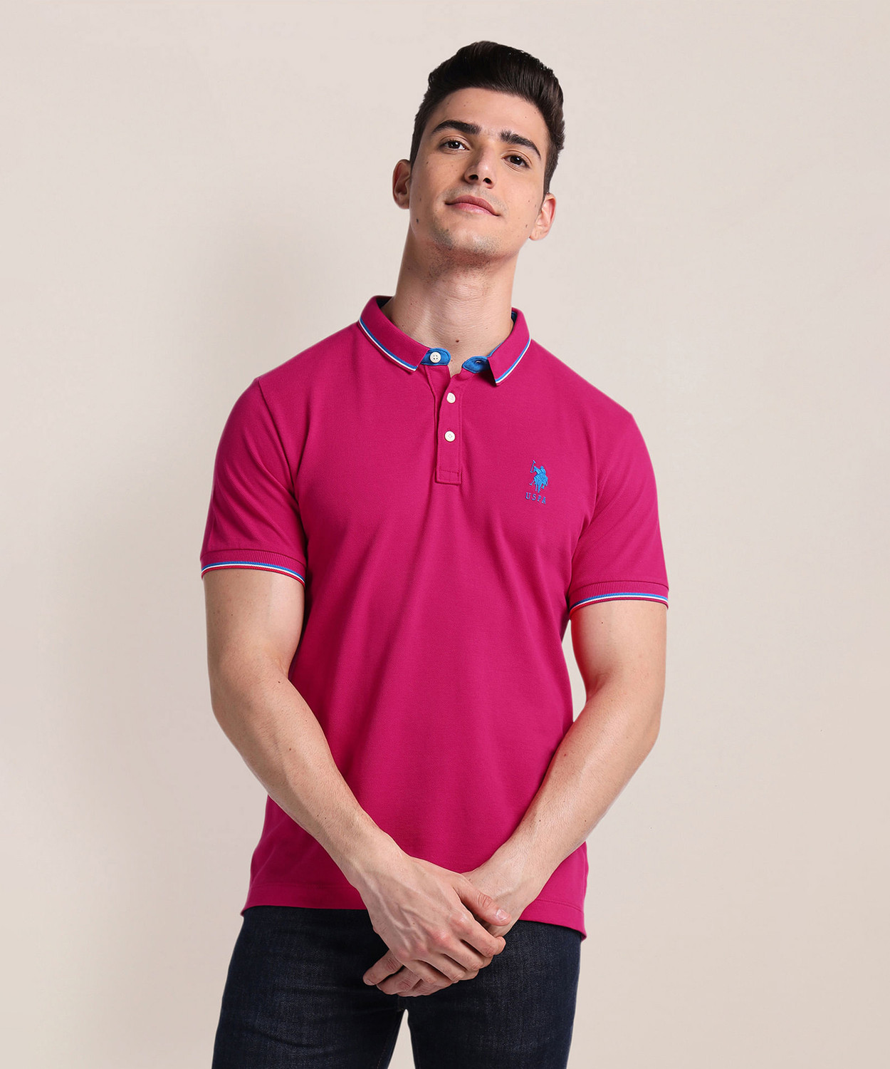 Image of U.S. POLO ASSN. Solid Men Polo Neck Pink T-Shirt