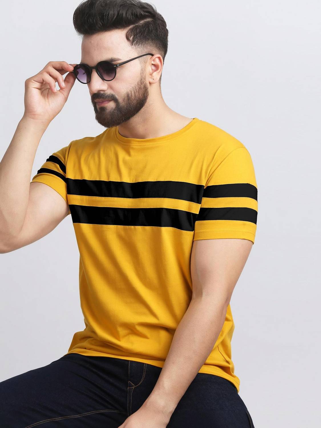 AUSK Striped Men Round Neck Black, Yellow T-Shirt