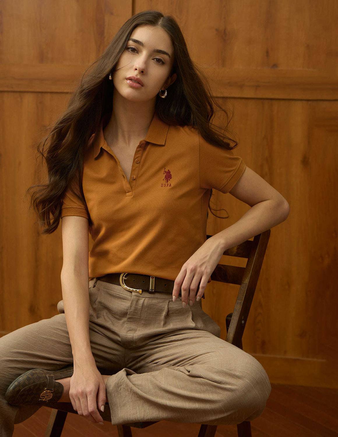U.S. POLO ASSN. Women Orange Polo Neck T-Shirt - Image 1