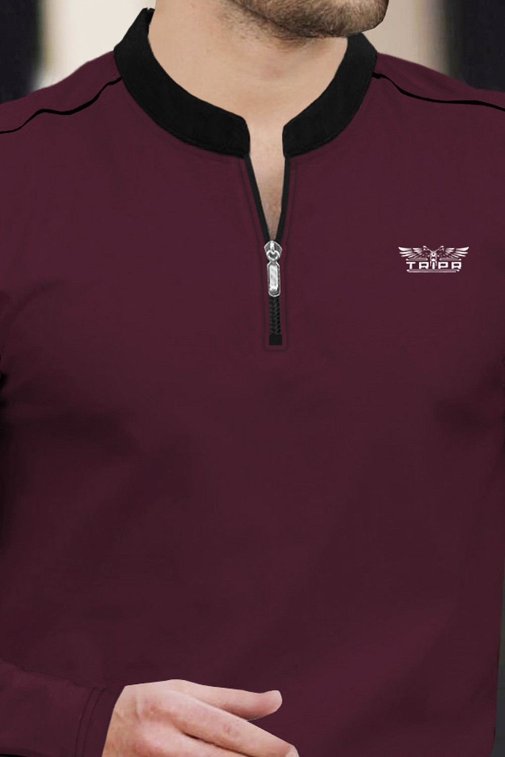 Image of TRIPR Solid Men Mandarin Collar Maroon, Black T-Shirt
