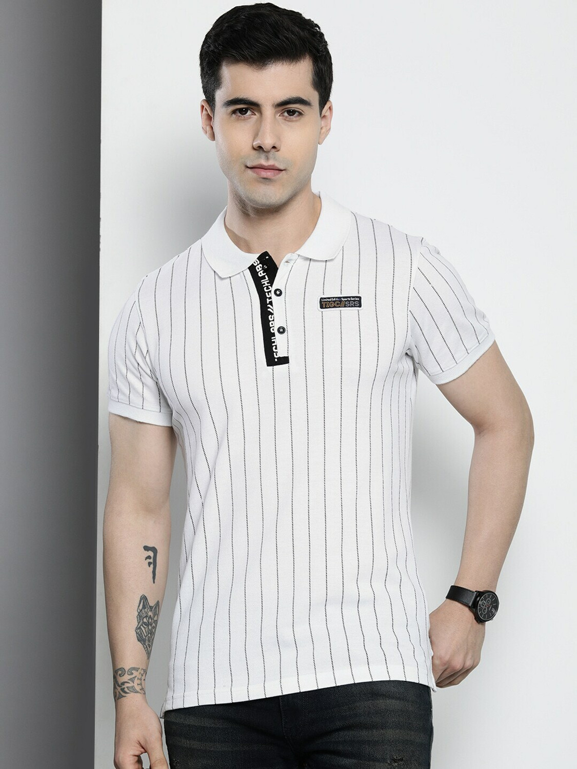 Image of The Indian Garage Co. Striped Men Polo Neck White T-Shirt