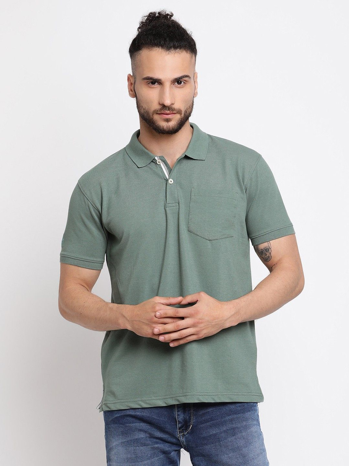 Image of CANTABIL Solid Men Polo Neck Green T-Shirt
