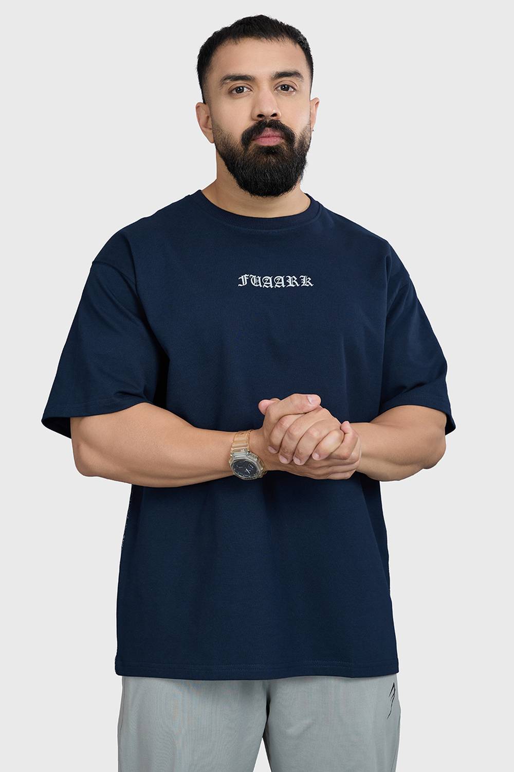 Men Solid Round Neck Pure Cotton Navy Blue T-Shirt - Image 1