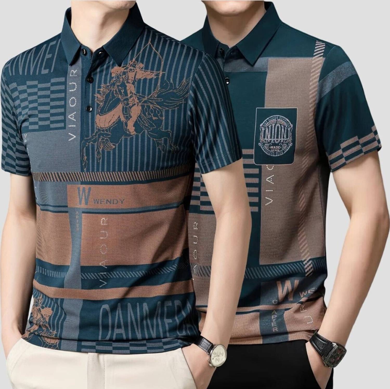 NOW OR NEVER Pack of 2 Men Printed Polo Neck Elastane Blue T-Shir