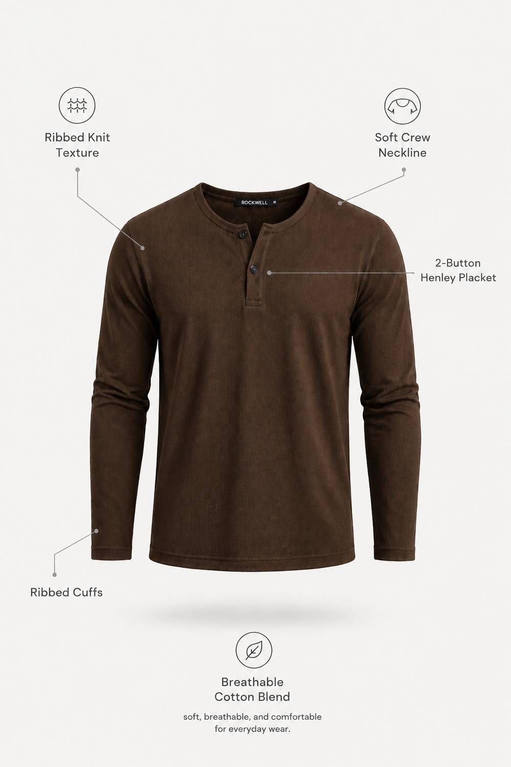 Rockwell Solid Men Henley Neck Brown T-Shirt - Image 3