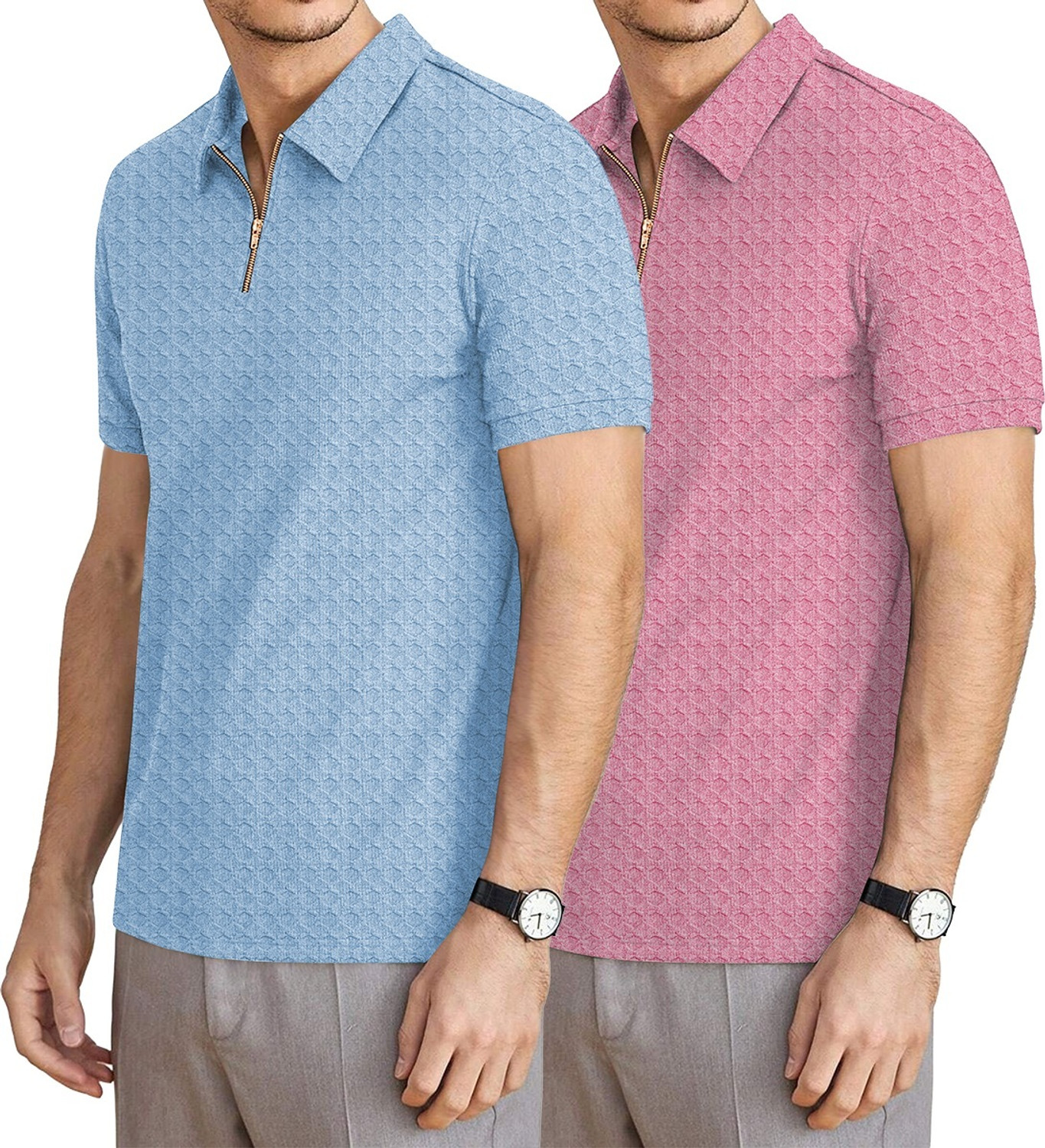 Image of KAJARU Self Design Men Zip Neck Pink, Light Blue T-Shirt