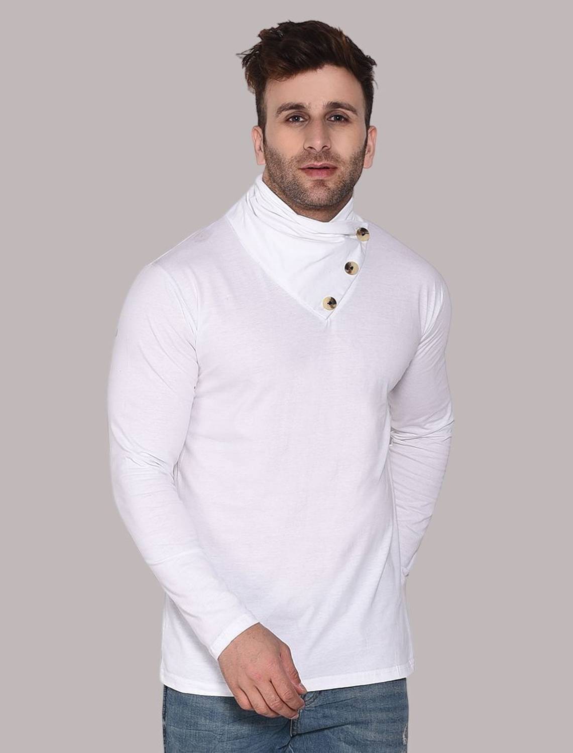 Lawful Casual Solid Men High Neck White T-Shirt