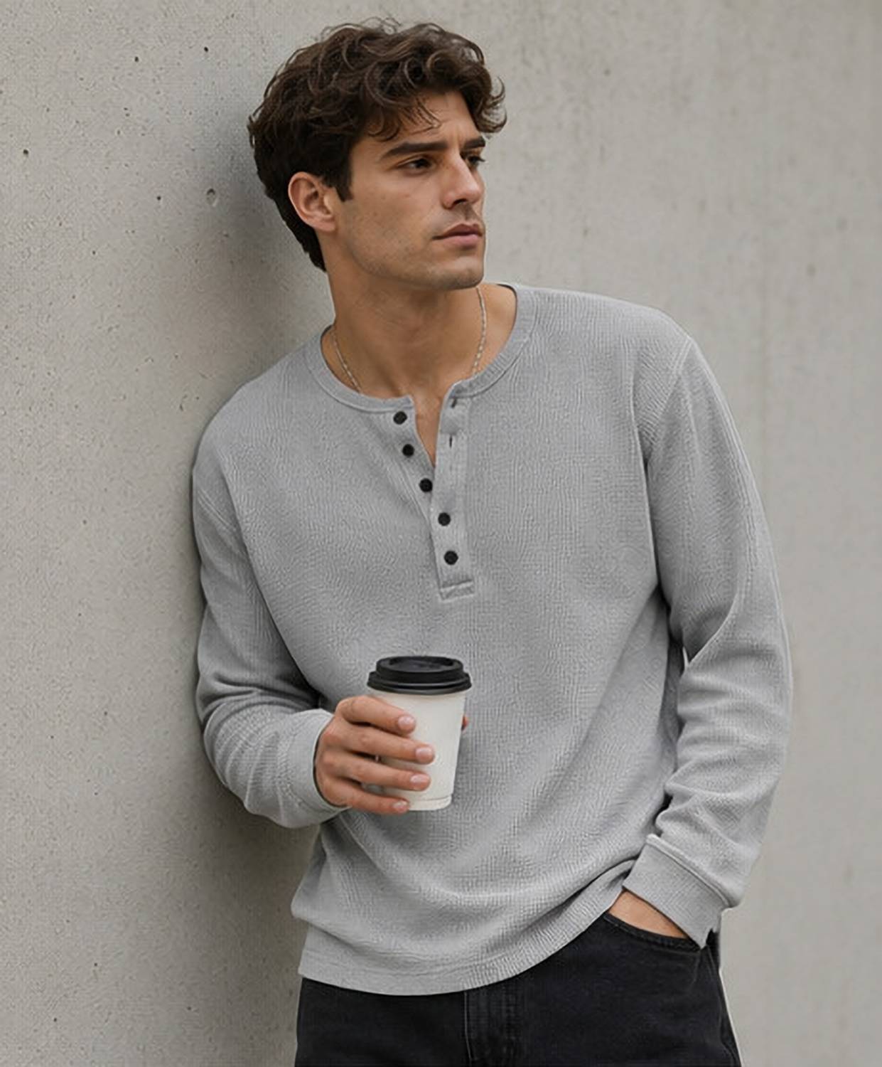 NOOK Men's Grey Henley Neck T-Shirt - Image 1
