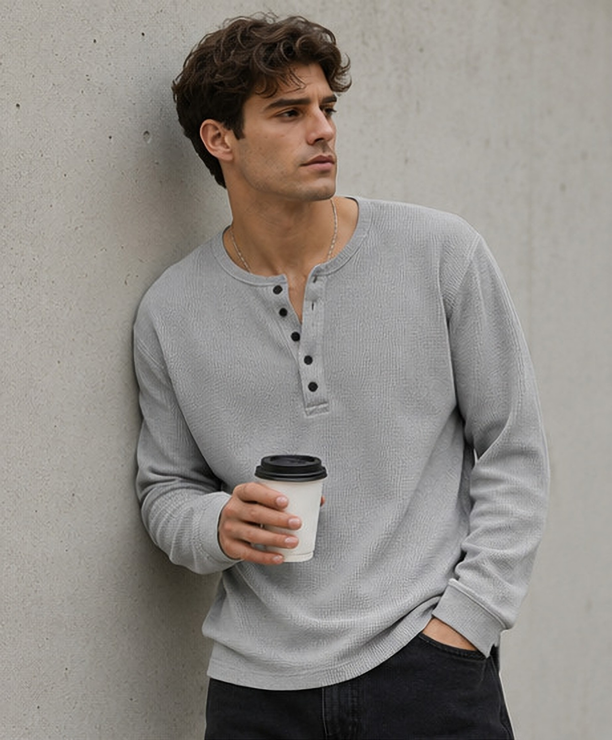 Image of NOOK Self Design Men Henley Neck Grey T-Shirt