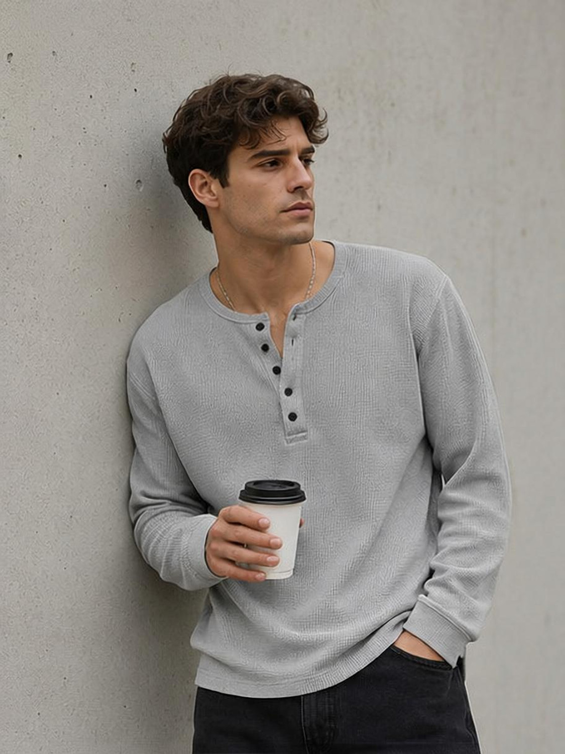 Image of NOOK Self Design Men Henley Neck Grey T-Shirt