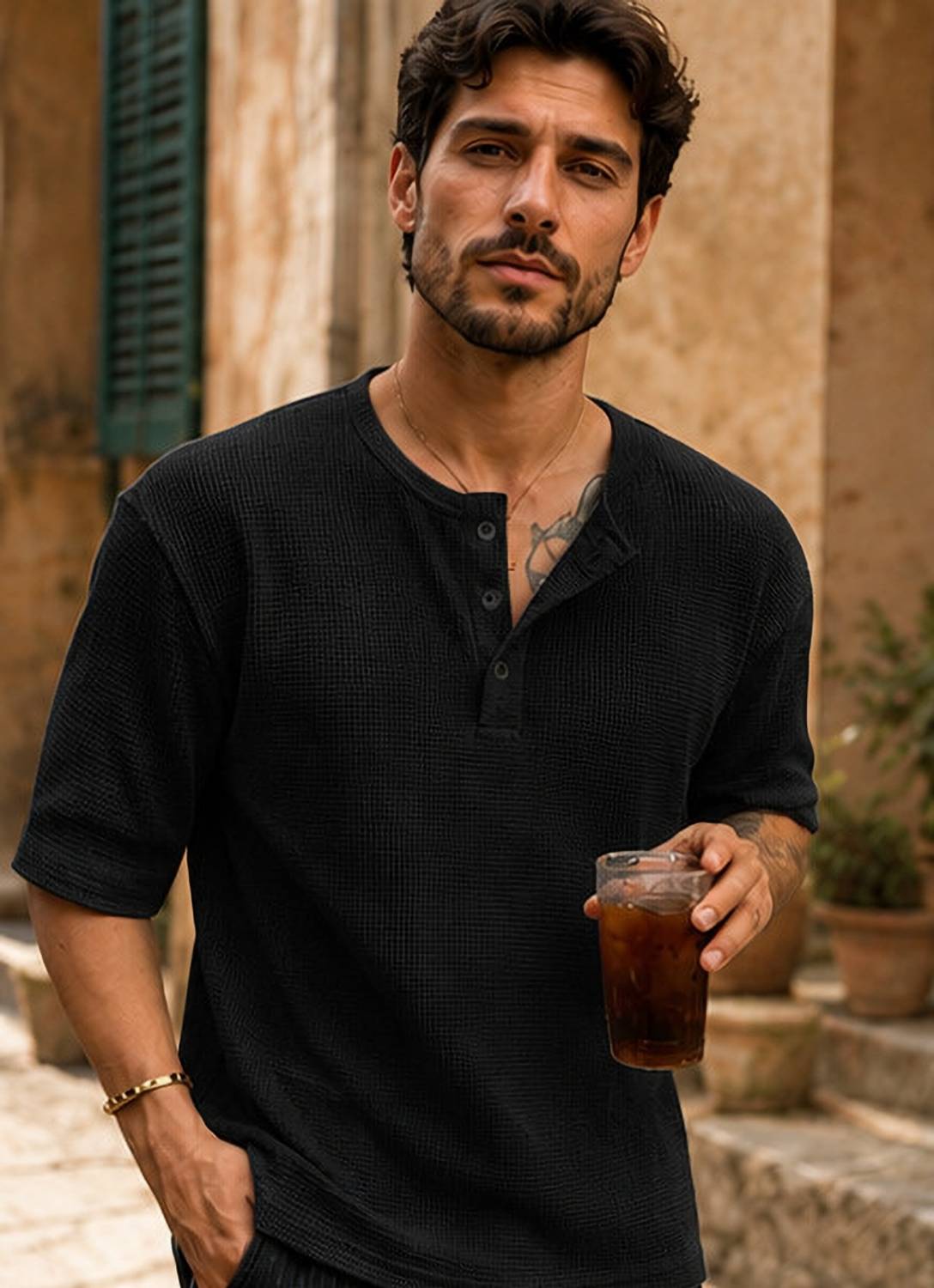 HOODLER Men Henley Neck Black T-Shirt - Image 1
