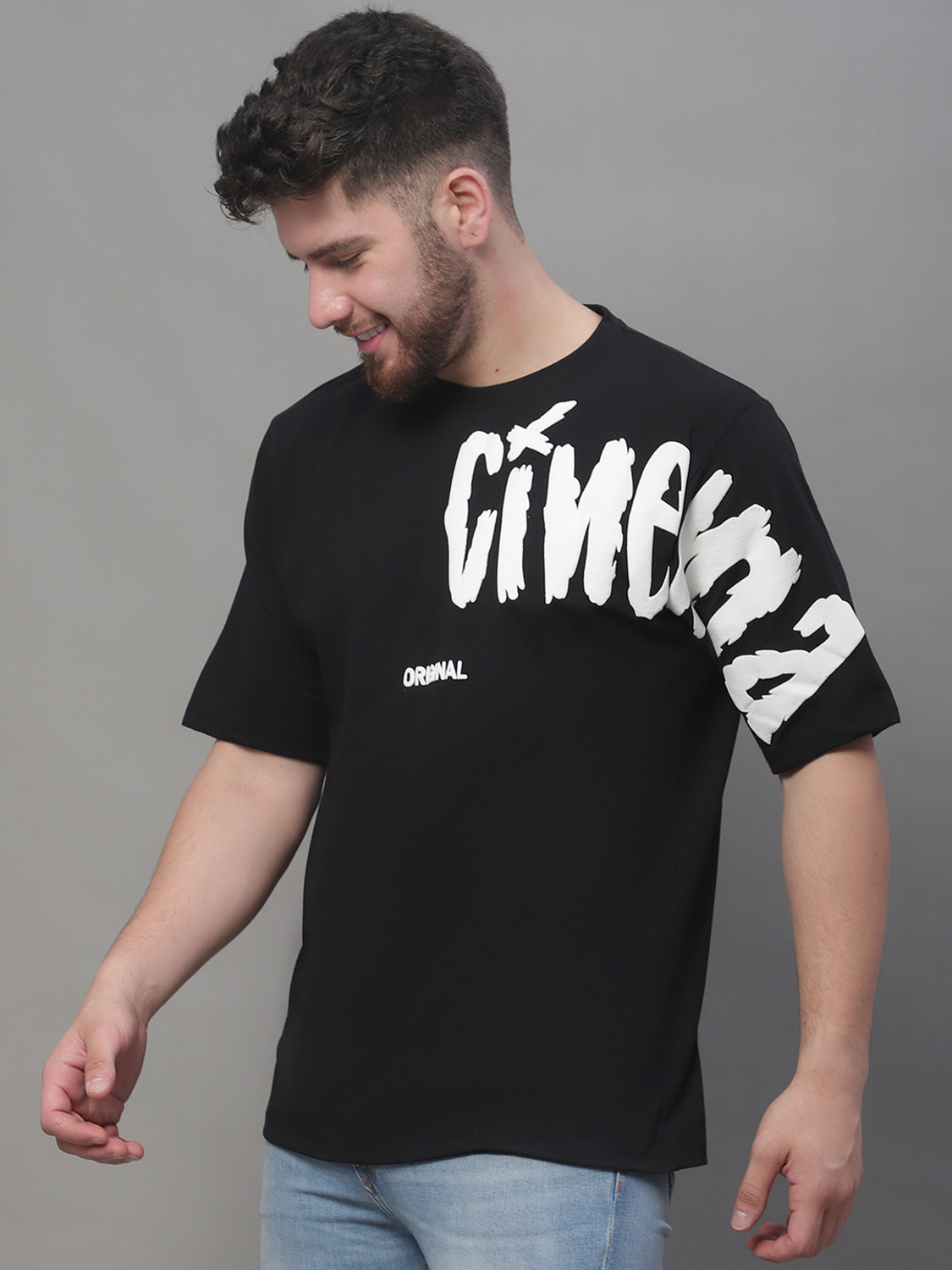 Image of DOOR74 Printed Men Round Neck Black T-Shirt