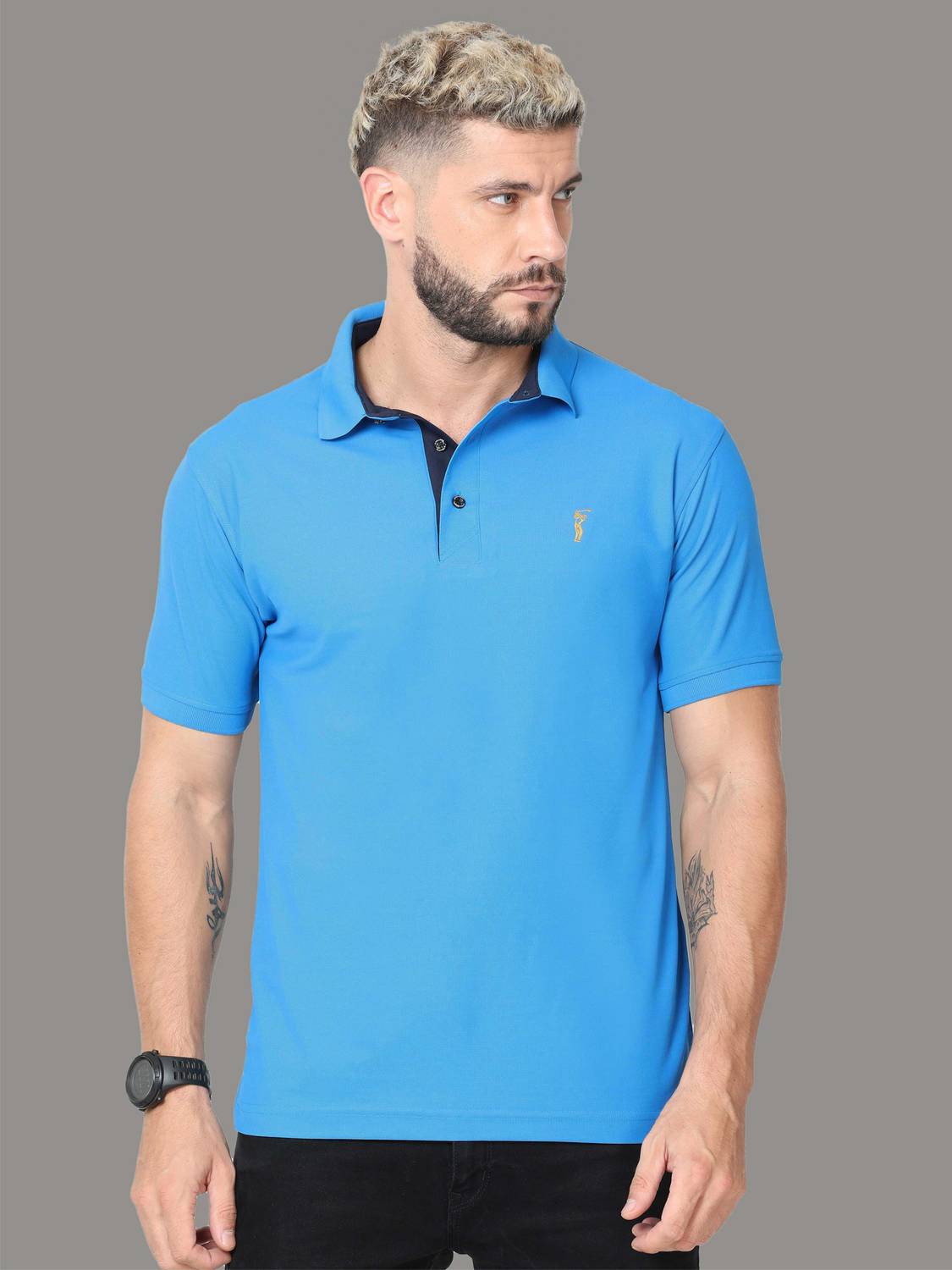 Stellers Men Solid Polo Neck Polyester Light Blue T-Shirt