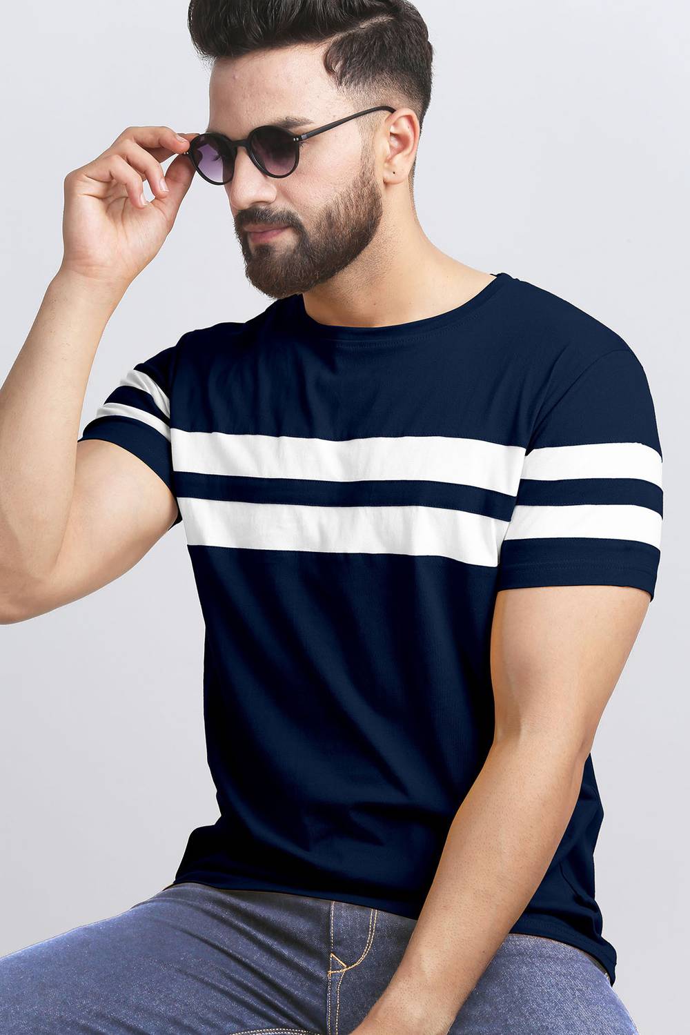AUSK Men Striped Round Neck Cotton Blend White, Blue T-Shirt