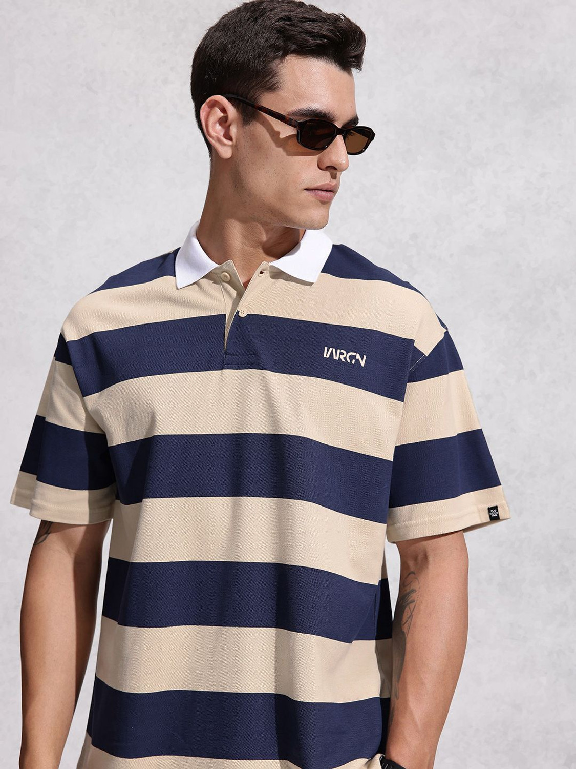 Image of WROGN Striped Men Polo Neck Beige T-Shirt