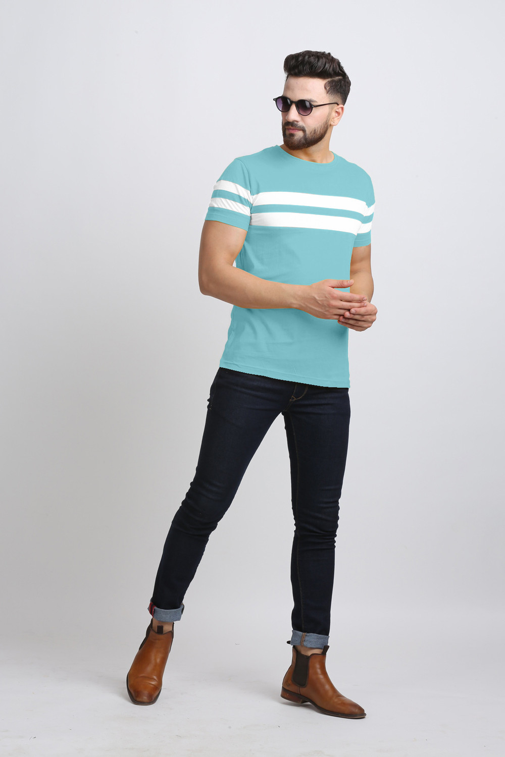 Image of AUSK Striped Men Round Neck Light Blue, White T-Shirt