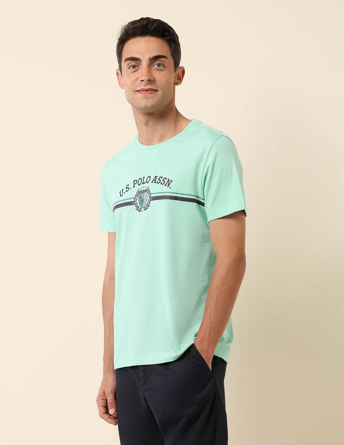 Image of U.S. POLO ASSN. Solid Men Round Neck Light Green T-Shirt