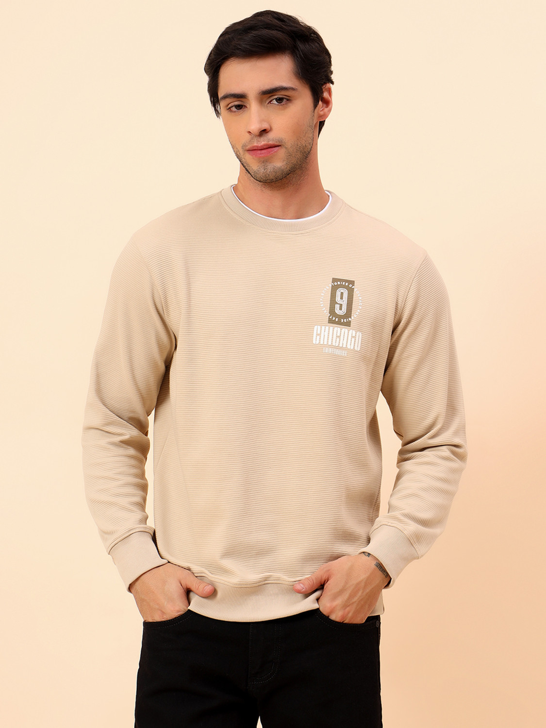 Image of CANTABIL Printed Men Round Neck Beige T-Shirt