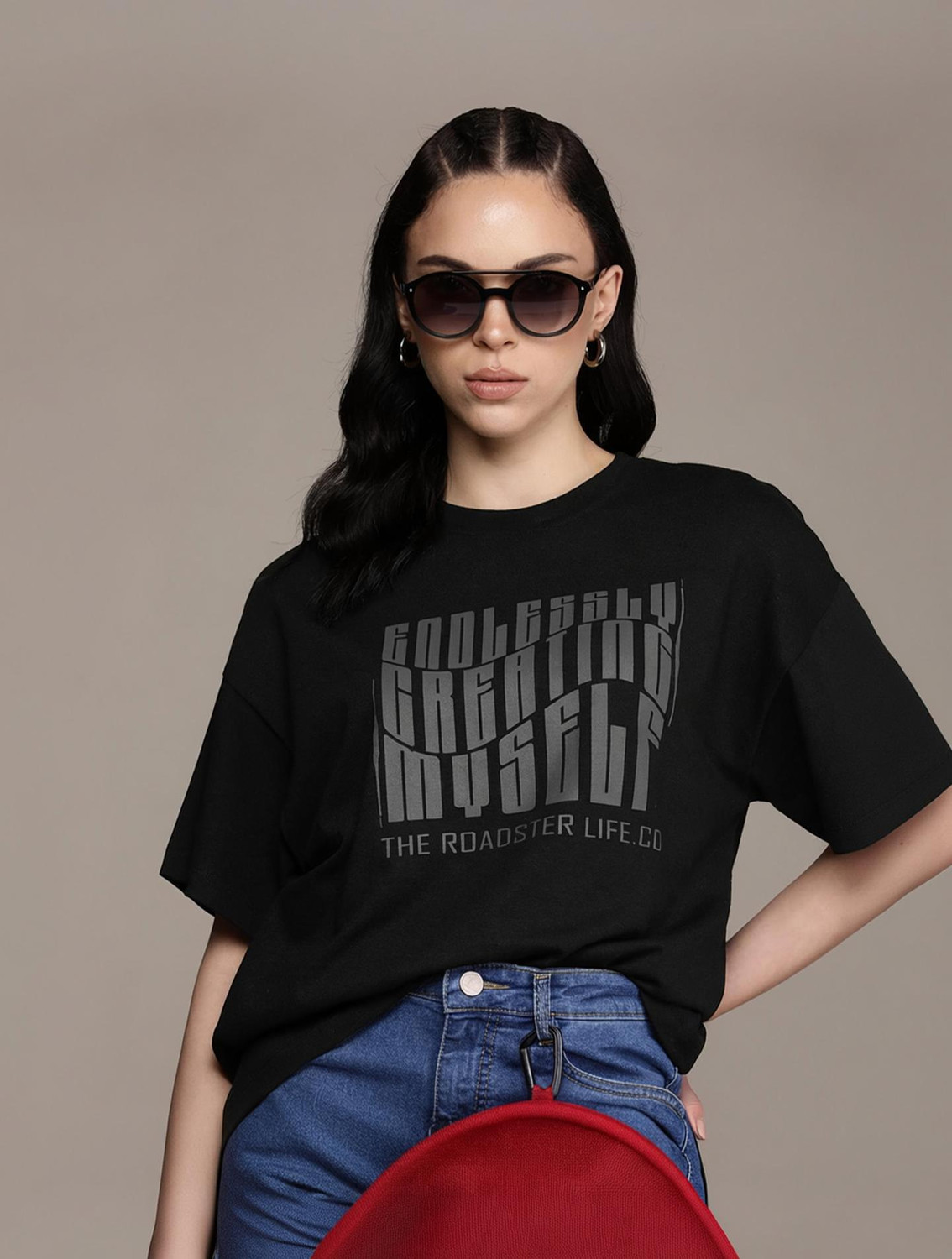 Image of Roadster Printed Women Round Neck Black T-Shirt