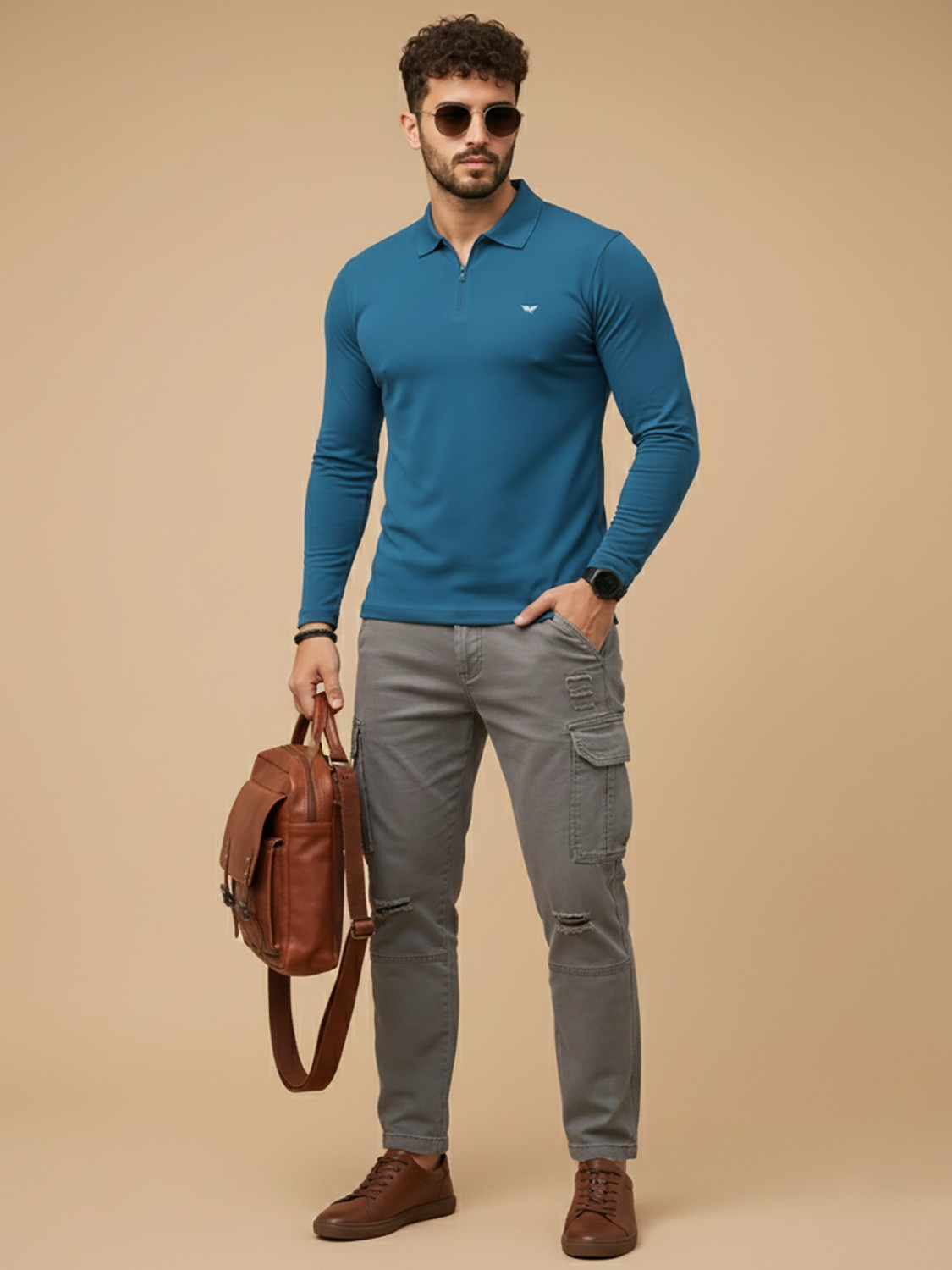 Image of RISS CLOTHING Solid Men Polo Neck Dark Blue T-Shirt