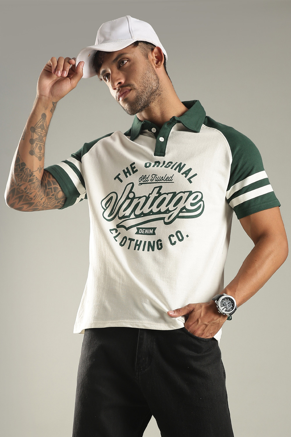 Image of SHINX Printed Men Polo Neck White, Dark Green T-Shirt