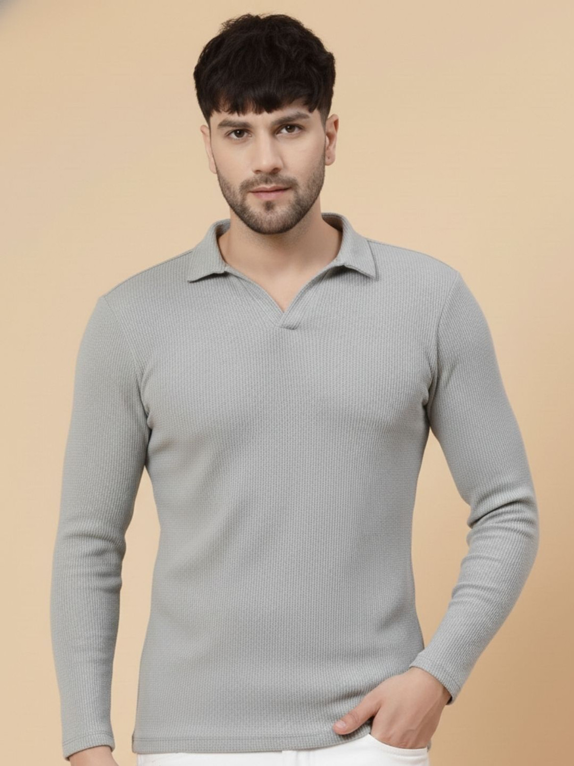 Image of RIGO Self Design Men Polo Neck Grey T-Shirt