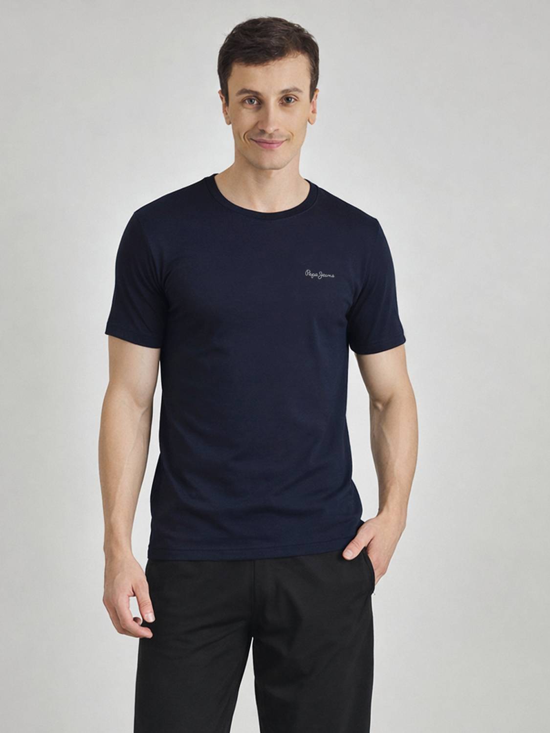 Pepe Jeans Men Solid Round Neck Cotton Blend Blue T-Shirt