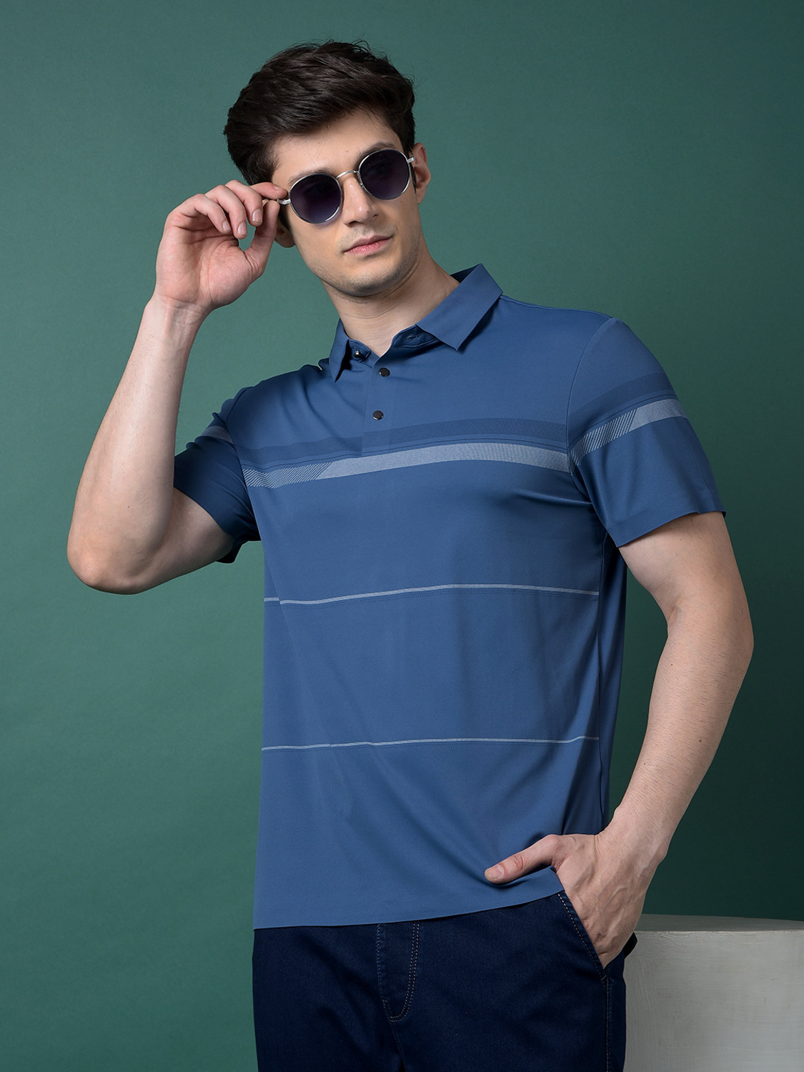 Image of CRIMSOUNE CLUB Men Self Design Polo Neck Nylon Blue T-Shirt