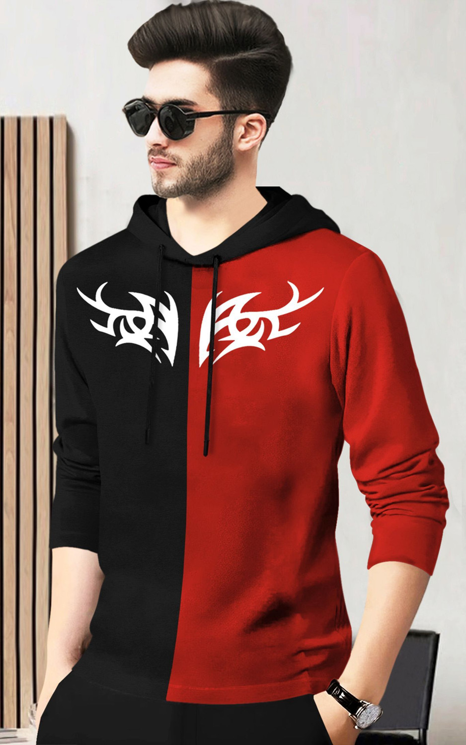 Image of BLIVE Printed Men Hooded Neck Black, Red T-Shirt
