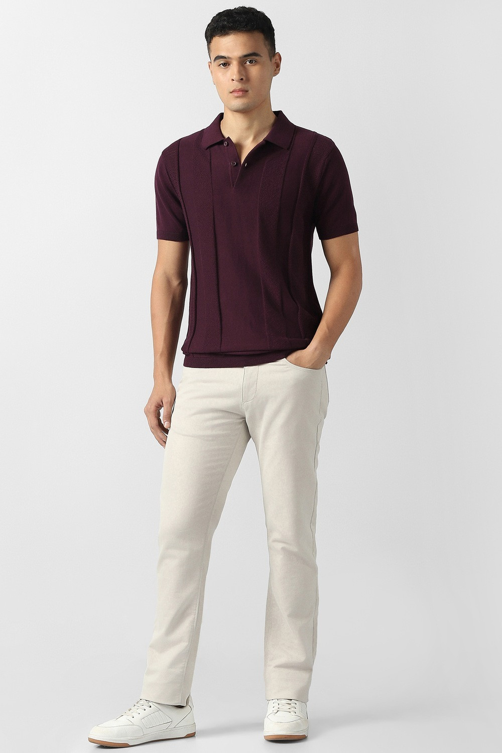 Image of VAN HEUSEN Self Design Men Polo Neck Maroon T-Shirt
