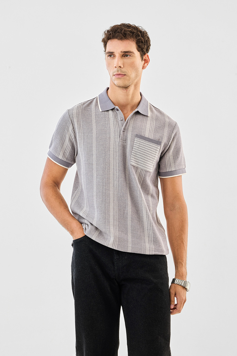 Image of Snitch Self Design, Striped Men Polo Neck Grey T-Shirt