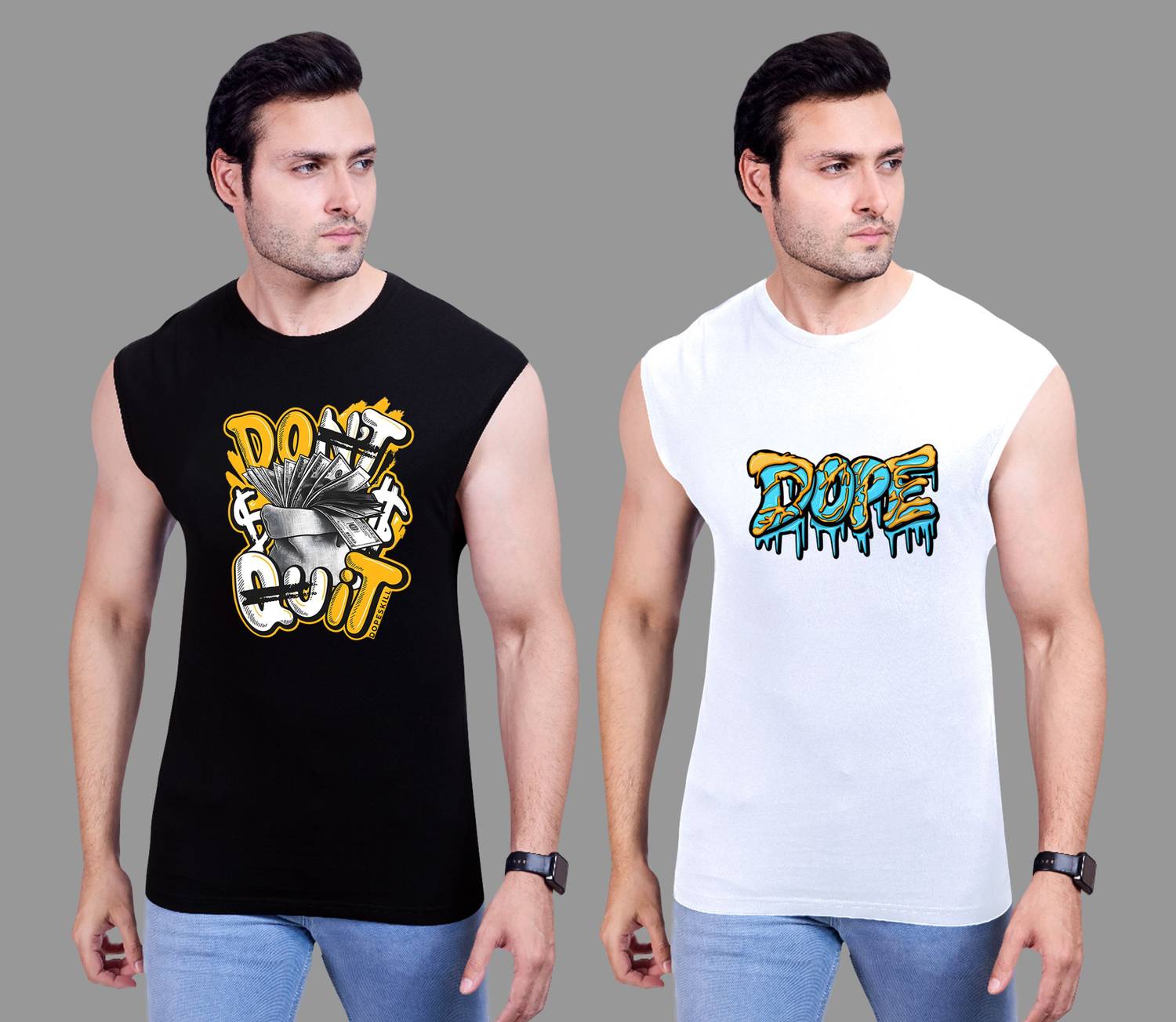 I&D Pack of 2 Men Graphic Print Round Neck Pure Cotton Multicolor