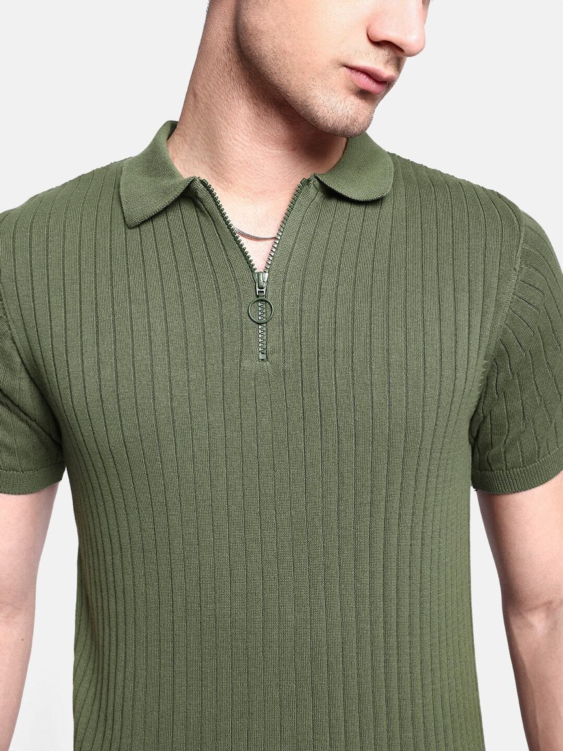 Image of Roadster Self Design Men Polo Neck Green T-Shirt