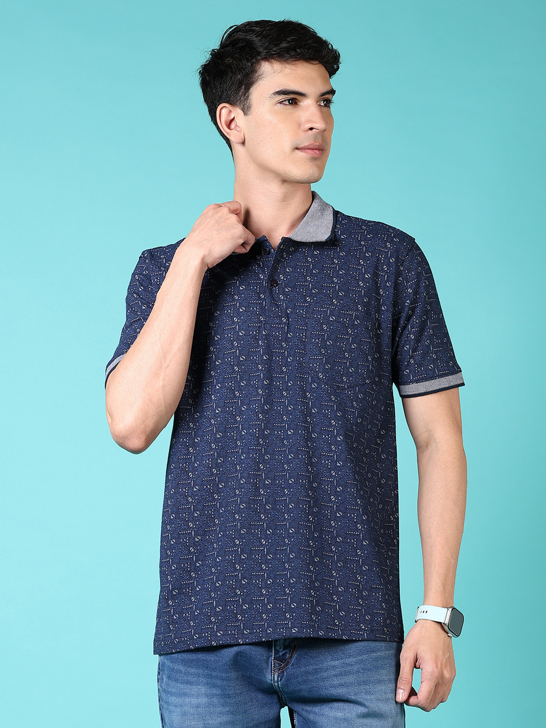 Image of V-MART Printed Men Polo Neck Blue T-Shirt