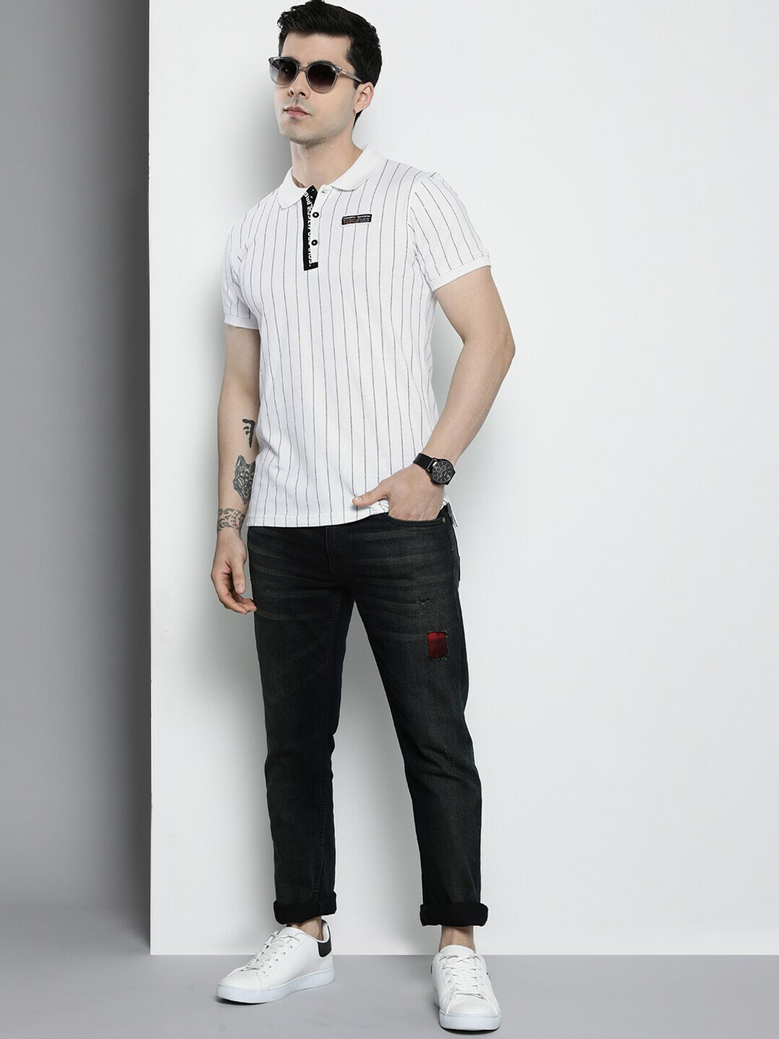 Image of The Indian Garage Co. Striped Men Polo Neck White T-Shirt