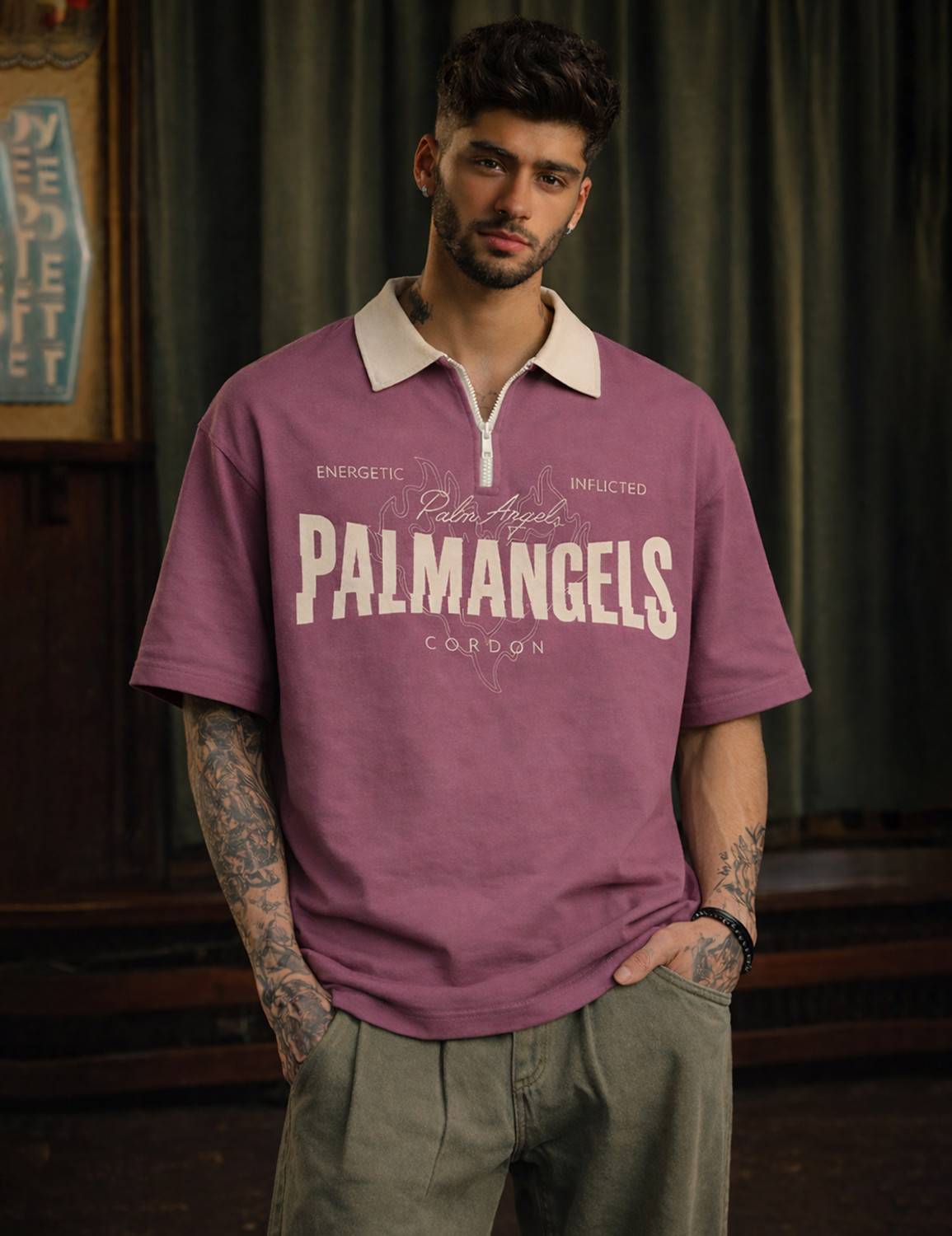 Image of Force Printed Men Zip Neck Reversible Pink T-Shirt